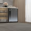 Modern Style Washing Machine in Wooden Wall Area with Folded Towels and Glass Door Cabinet