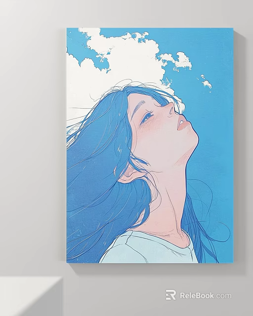 Portrait Painting of Female with Long Blue Hair Looking Up at Blue Sky and Clouds 3d model 