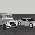 Black SUV And White Supercar Parked On Coastal Beach With Cloudy Sky