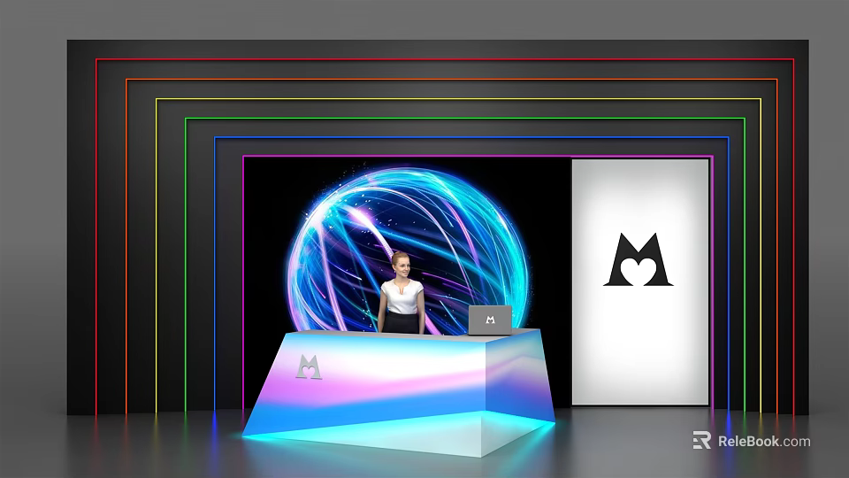 Modern Sleek Reception Desk With Gradient Lighting Illuminated Sphere Neon Decorations And Brand Logo 3d model 