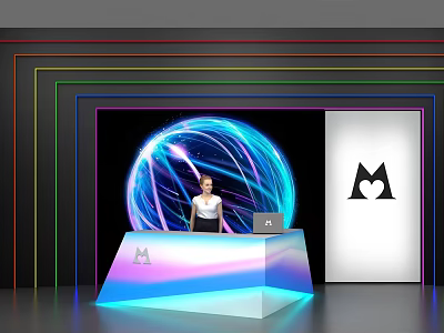 Modern Sleek Reception Desk With Gradient Lighting Illuminated Sphere Neon Decorations And Brand Logo 3d model