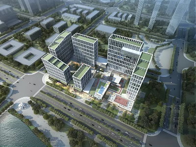 Modern Campus Buildings Featuring Green Roofs Multiple Blocks Surrounded by Trees Roads and Waterfront 3d model