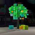 Green Cube Tree Structure With Multiple Cubes And Colored Bases In Night Urban Scene 3d model