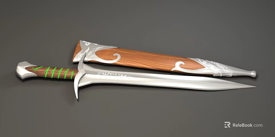 Traditional Decorative Sword With Green Wrapped Hilt Silver Blade And Wooden Scabbard With Silver Decorations 3d model 