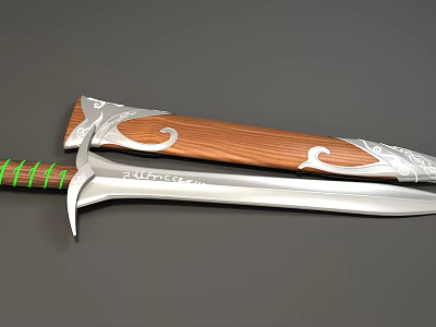 Traditional Decorative Sword With Green Wrapped Hilt Silver Blade And Wooden Scabbard With Silver Decorations 3d model