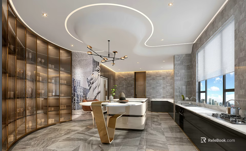 Modern Kitchen Interior Design With Curved Ceiling Lights Marble Island And Glass Cabinets 3d model 