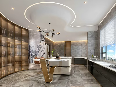 Modern Kitchen Interior Design With Curved Ceiling Lights Marble Island And Glass Cabinets 3d model