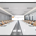 Modern Conference Room Interior Design With Long Table Beige Chairs And Blue Projection Screen