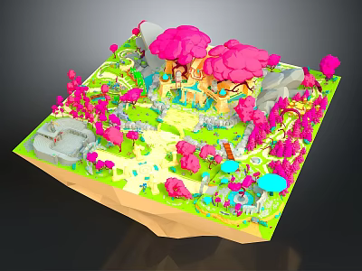 Vibrant Cartoon Scene With Pink Trees Green Grass Yellow Path And Cute Mushrooms 3d model