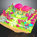 Vibrant Cartoon Scene With Pink Trees Green Grass Yellow Path And Cute Mushrooms