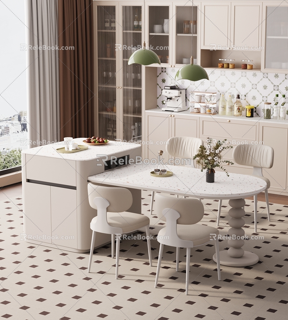 Cream Style Restaurant Island Table Dining Chair 3d model