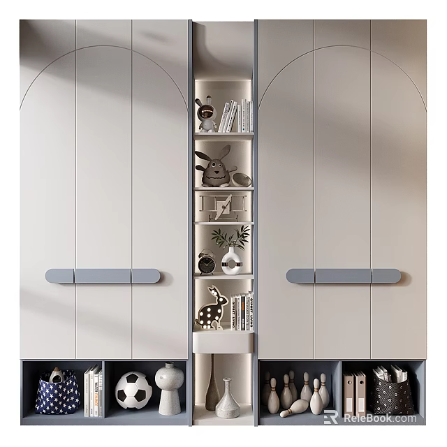 Modern Minimalist Decorative Cabinet With Open Shelves Holding Books Ornaments And Potted Plants 3d model 