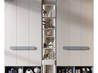 Modern Minimalist Decorative Cabinet With Open Shelves Holding Books Ornaments And Potted Plants 3d model