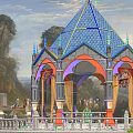 Ornate Gazebo With Blue Pyramid Roof Arched Design And Garden Setting