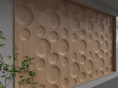 Wooden Background Wall With Circular Indentation Design And Green Plants In Interior Space 3d model