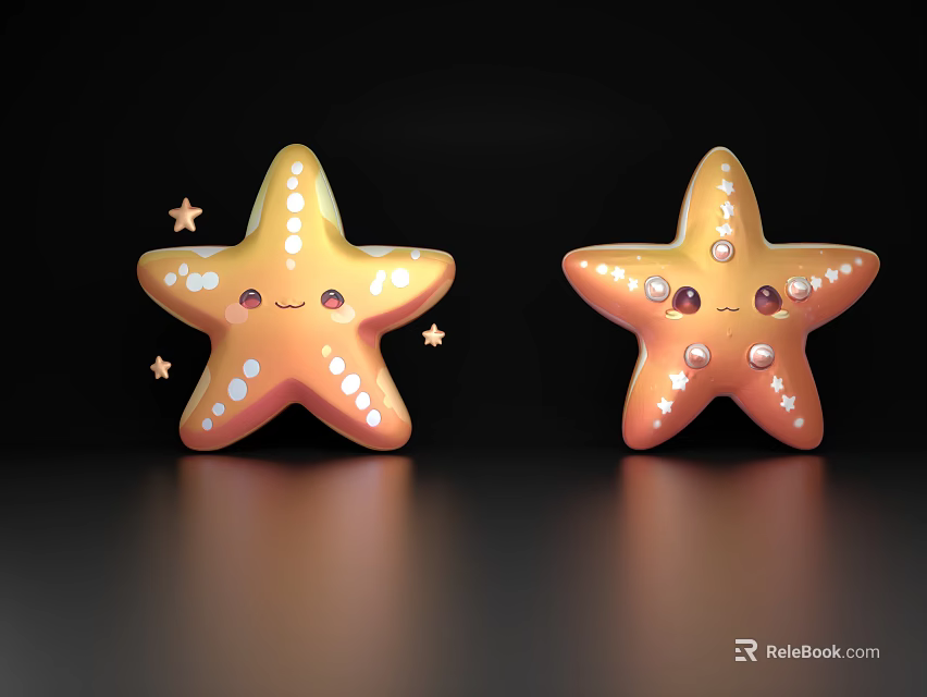 Starfish Shaped Decorative Ornament Set With Smiling Face White Spots And Small Stars 3d model 