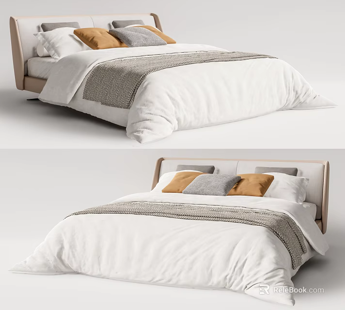 Double Bed With White Bed Sheets Gray Orange Pillows Wooden Headboard And Knitted Blanket 3d model 