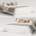 Double Bed With White Bed Sheets Gray Orange Pillows Wooden Headboard And Knitted Blanket