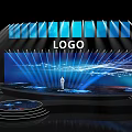 Modern Stage With Person Standing Center Large LED Screen Blue Lights LOGO And Circular Platform