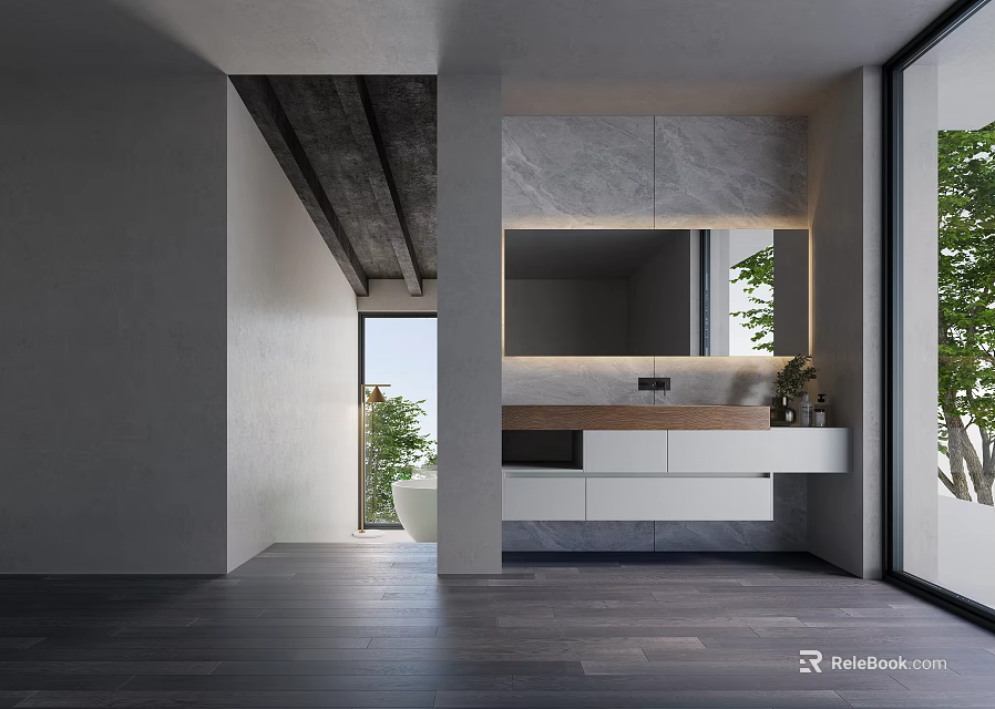 Modern Bathroom Vanity Interior Design With Marble Countertop And Wall Mounted Mirror 3d model 