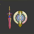 Fantasy Weapon Set Featuring Decorative Sword And Shield With Blue Gold Ornamental Design
