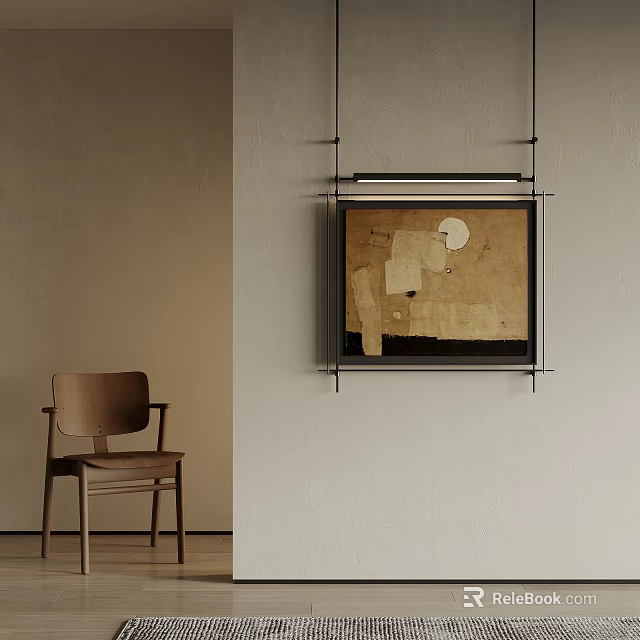 Beige Wall Interior With Hanging Abstract Artwork And Wooden Chair 3d model 