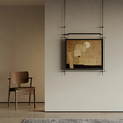 Beige Wall Interior With Hanging Abstract Artwork And Wooden Chair 3d model