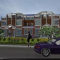 Three Story Townhouse With Brick And Wood Exterior Balconies Lush Greenery Purple Car Parked Roadside