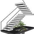 Modern Staircase With Glass Railing White Steps And Bonsai Tree On Stone Platform