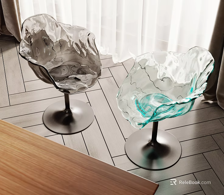 Transparent Petal Shaped Glass Dining Chairs With Metal Base And Wooden Floor 3d model 