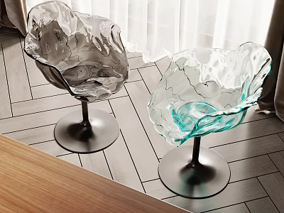 Transparent Petal Shaped Glass Dining Chairs With Metal Base And Wooden Floor 3d model
