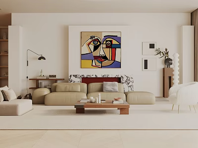 Modern Living Room Interior Design With Beige Sofa Abstract Painting Floor Lamp And Coffee Table 3d model
