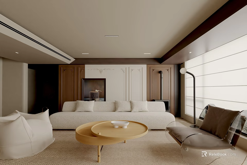 Cozy Neutral Tone Living Room Interior With Soft Plush Sofa And Wooden Round Coffee Table 3d model 