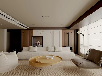 Cozy Neutral Tone Living Room Interior With Soft Plush Sofa And Wooden Round Coffee Table 3d model