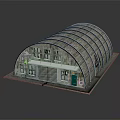 Arched Roof Industrial Building With Concrete Walls Windows Roll Up Door And Green Door