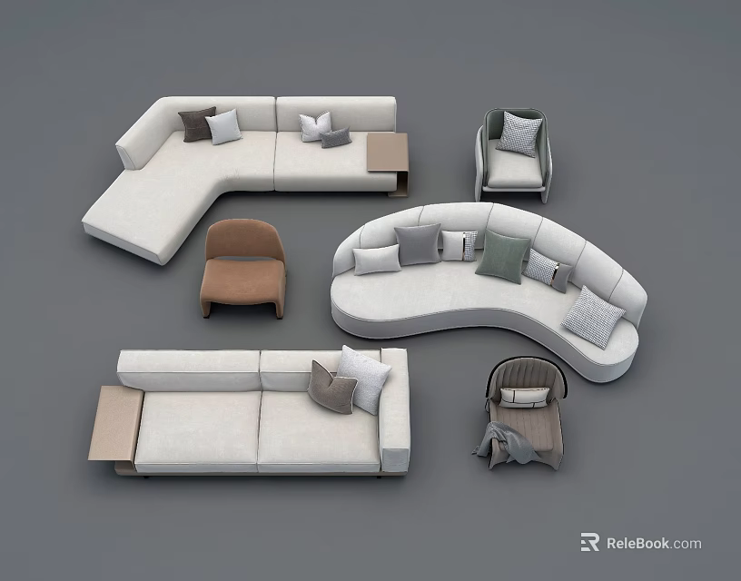 Modern Neutral Sofa Set With Curved Rectangular Designs And Accent Pillows 3d model