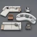 Modern Neutral Sofa Set With Curved Rectangular Designs And Accent Pillows 3d model