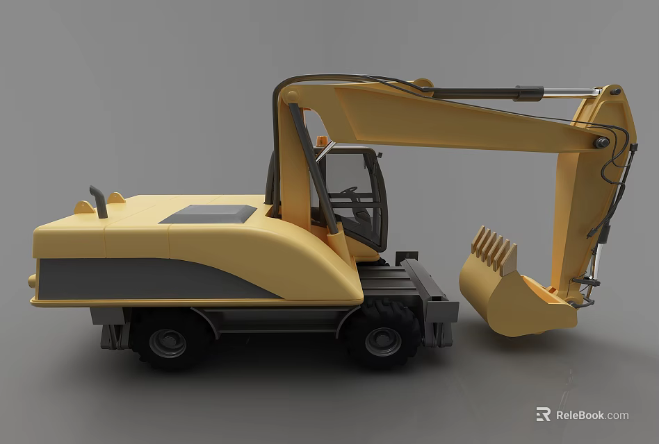 Yellow Wheel Excavator With Cab And Front Bucket For Construction Work 3d model