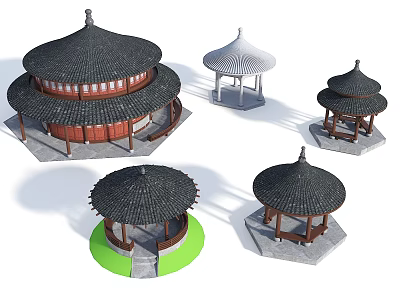 Traditional Chinese Pavilions With Round And Hexagonal Bases And Black White Roofs 3d model