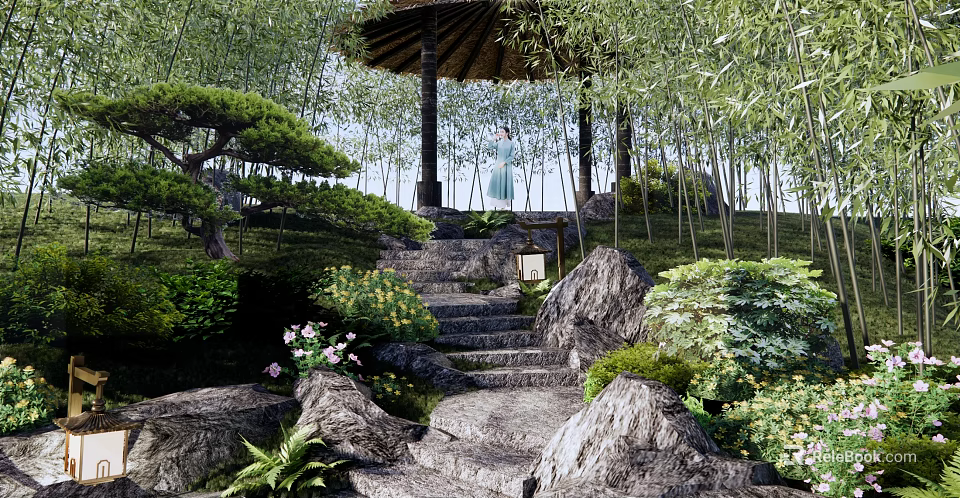 Park Landscape With Thatch Roofed Pavilion Stone Steps Bamboo Pine Trees And Flower Bushes 3d model 