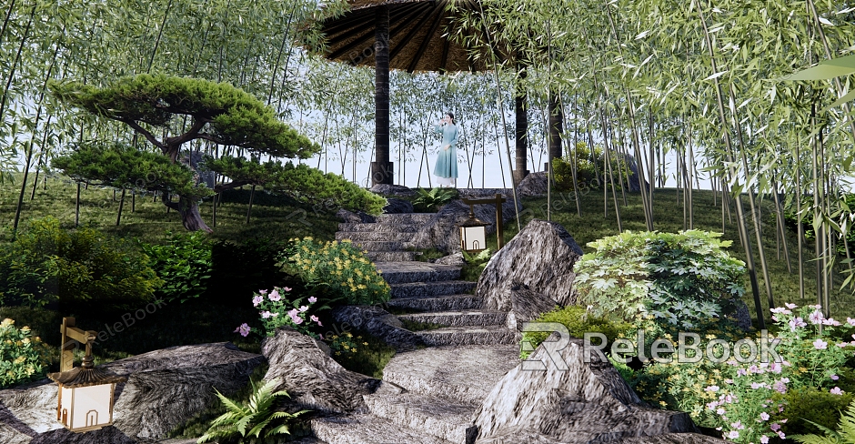 New Chinese style park landscape height difference steps rockery stone steps bamboo garden road thatched pavilion garden landscape pavilion rest node model