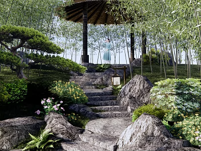 Park Landscape With Thatch Roofed Pavilion Stone Steps Bamboo Pine Trees And Flower Bushes 3d model