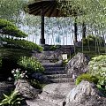 Park Landscape With Thatch Roofed Pavilion Stone Steps Bamboo Pine Trees And Flower Bushes
