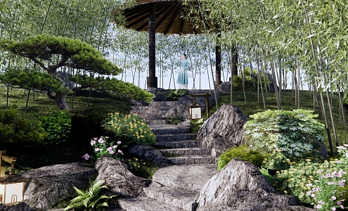 New Chinese style park landscape height difference steps rockery stone steps bamboo garden road thatched pavilion garden landscape pavilion rest node 3d model