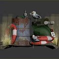 3D Scene Featuring Green Scooter Rusty Oil Drum Red White Lifebuoy Grass And Penguin