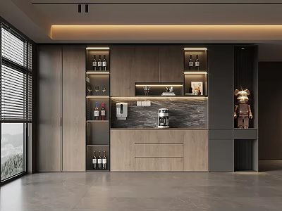 Modern Wooden Gray Wine Cabinet With Storage Shelves And Appliances In Kitchen 3d model
