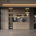Modern Wooden Gray Wine Cabinet With Storage Shelves And Appliances In Kitchen