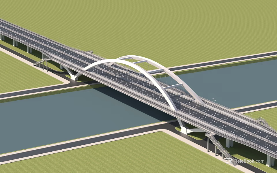 Modern Arch Bridge Spanning River With Road Lanes And Green Surroundings 3d model 