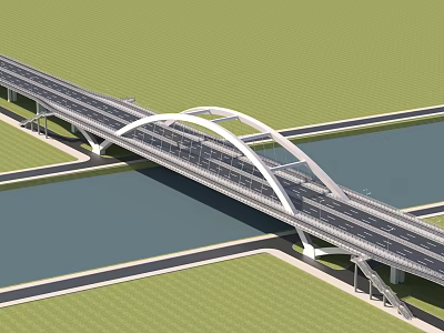 Modern Arch Bridge Spanning River With Road Lanes And Green Surroundings 3d model