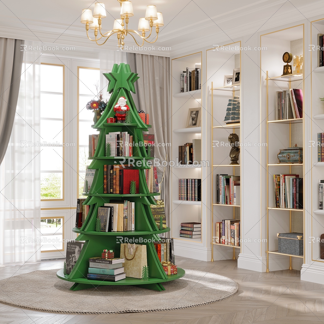 Christmas Tree Bookshelf European Style Study Bookcase Rack Display Santa Claus 3d model